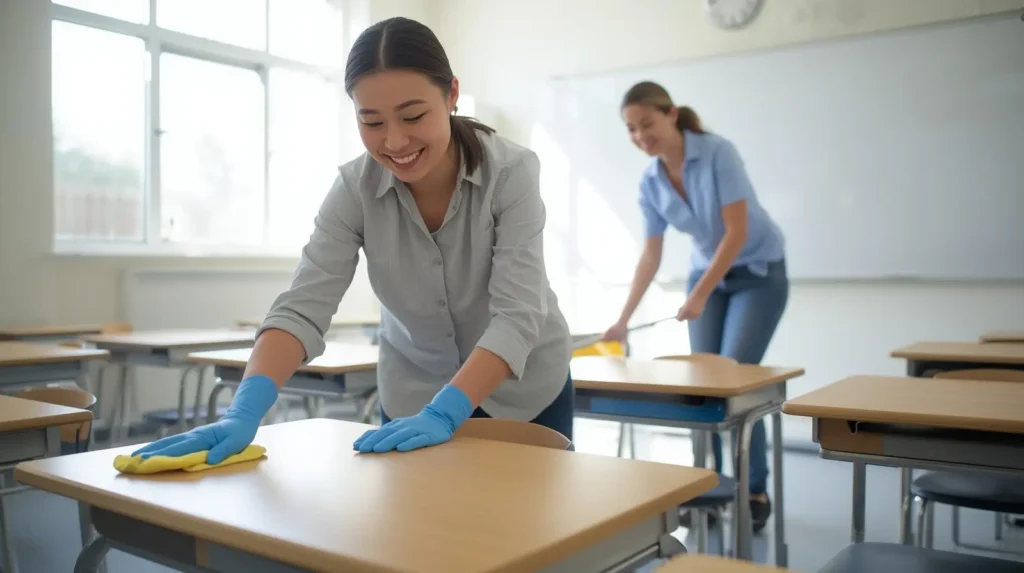 femmes de ménage nettoyant une classe